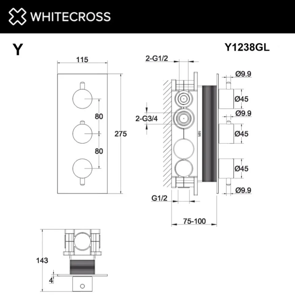 Термостат Whitecross Y Gold Y1238GL для ванны и душа скрытый монтаж золото