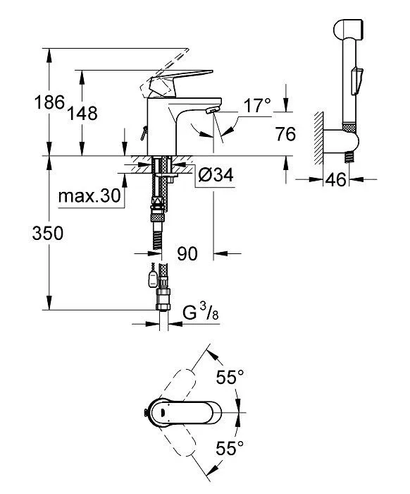 Смеситель Grohe Eurosmart Cosmopolitan 23125000 для раковины с гигиеническим душем