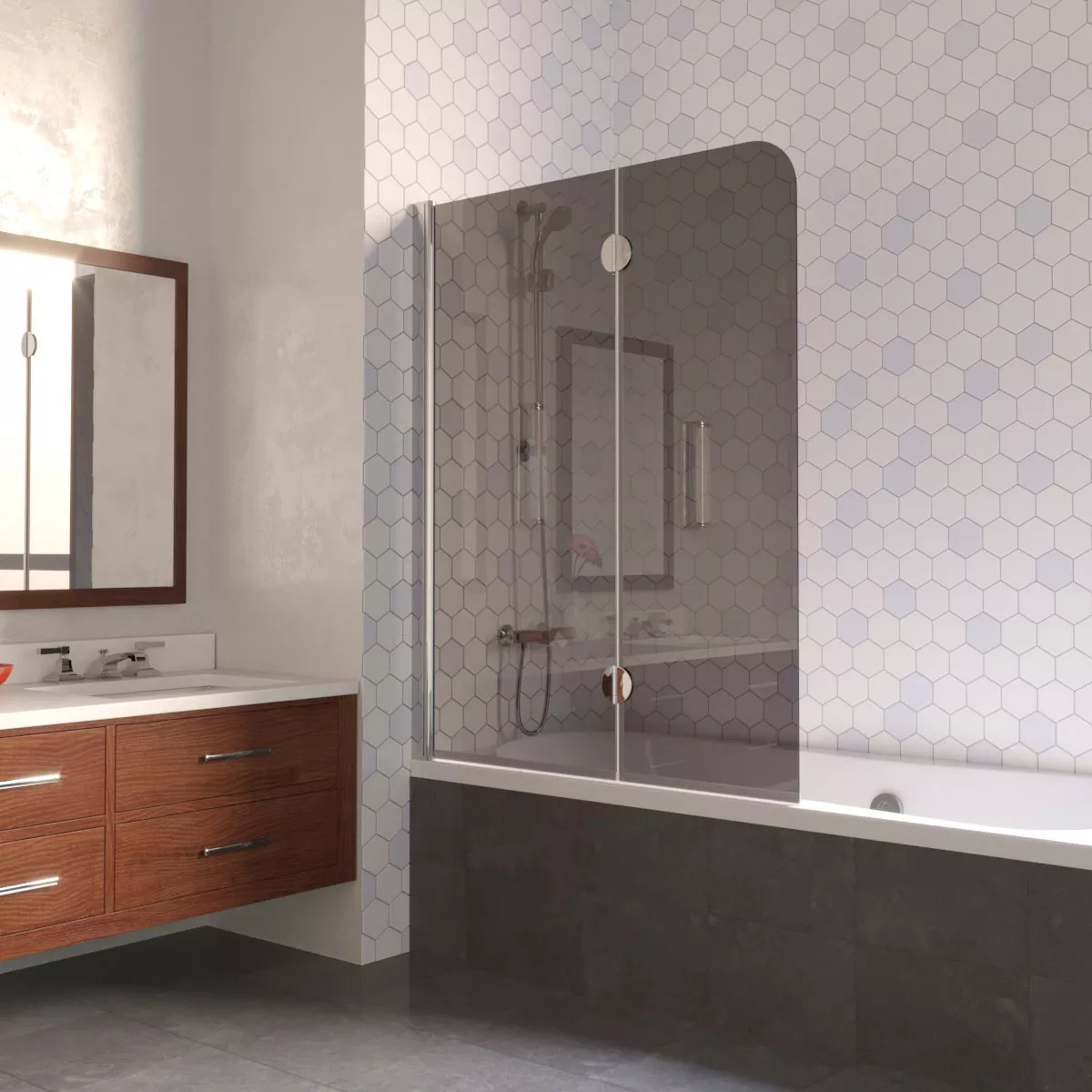 Шторка на ванную E2V LUX 120 08 07 L, профиль глянцевый хром, стекло графит