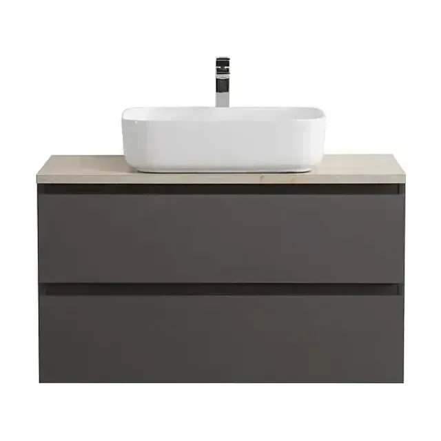 Тумба с раковиной BelBagno Крафт (Kraft) 100 темно-серая матовая со столешницей кремовый матовый мрамор