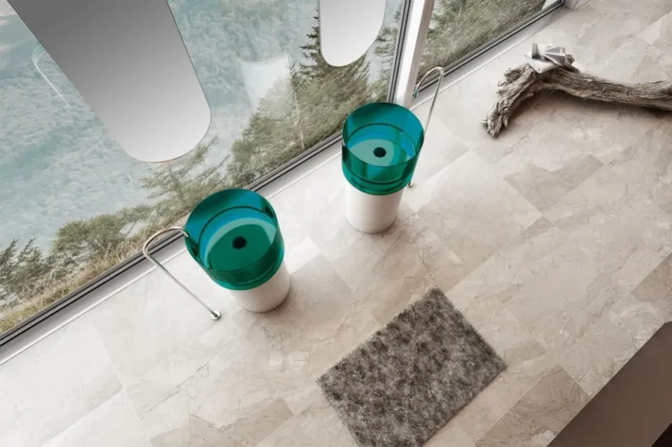 Напольная раковина прозрачная ABBER Kristall AT2701White-Aquamarin-H 45*45*90 белый/бирюзовый (вырез под слив сбоку)