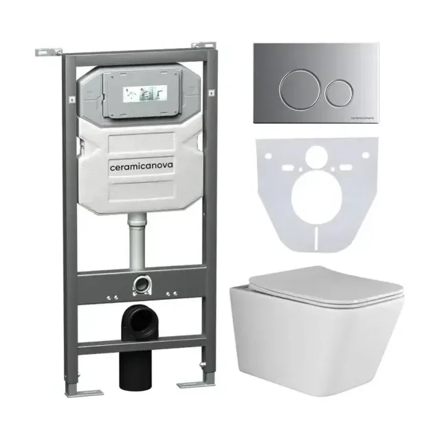 Комплект инсталляции Ceramicanova Envision, унитаз Metric Rimless, клавиша смыва Round хром матовый