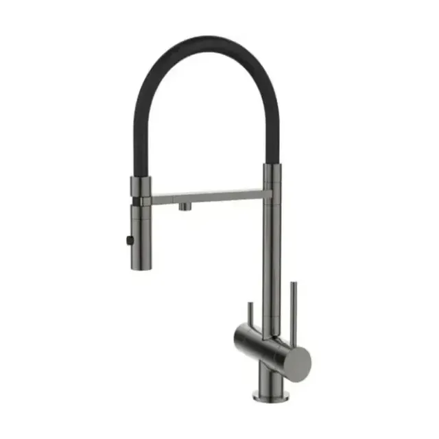 Смеситель DQ DA1462506Grey для кухни с гибким изливом и функцией подключения фильтра вороненая сталь