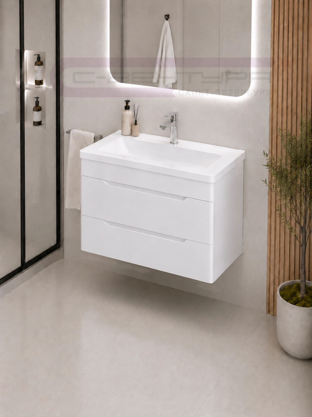 Аквадом Тумба Рада 70 см, подвесная, цвет белый, 2 ящика, с раковиной Modul Slim