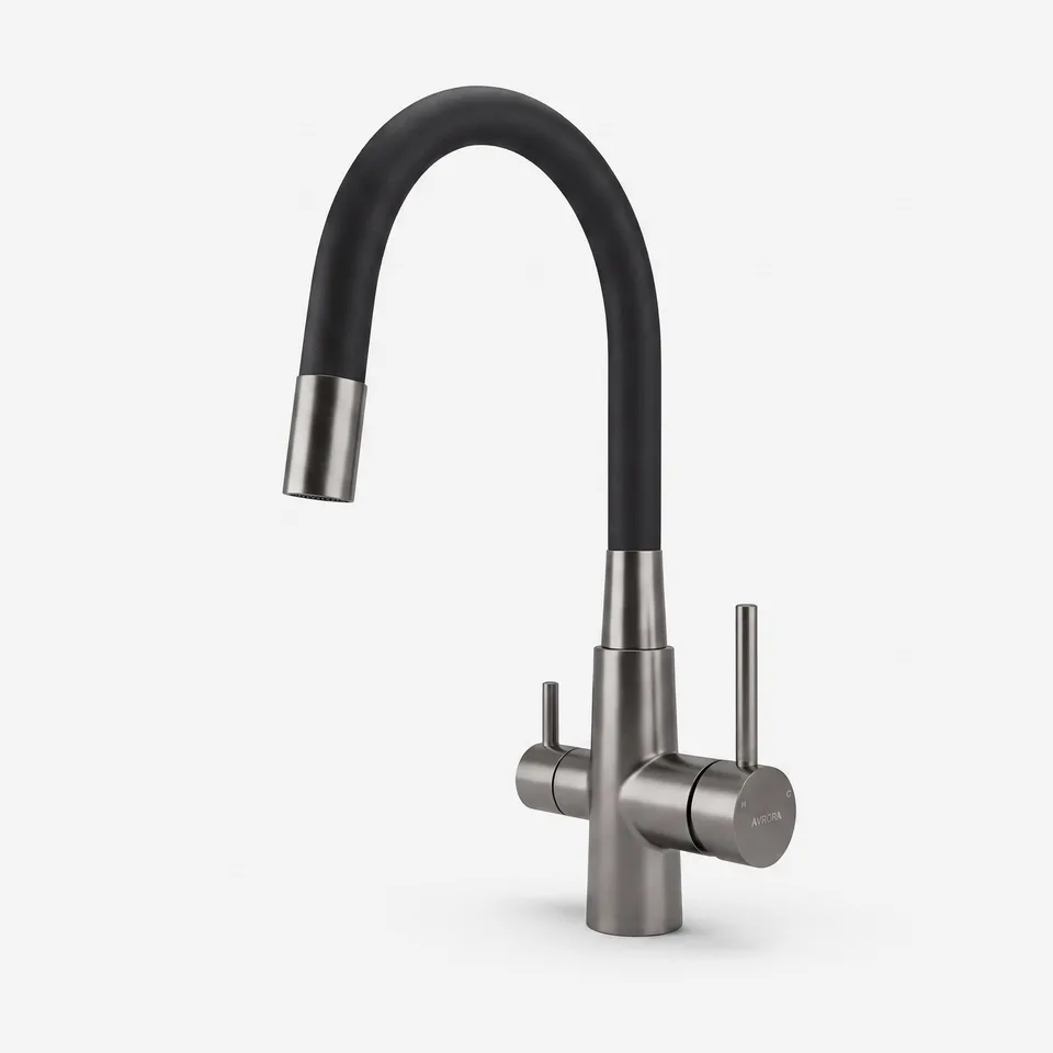 Смеситель для кухни с подключением фильтра AVRORA KITCHEN с гибким изливом, цвет оружейная сталь, цвет излива чёрный