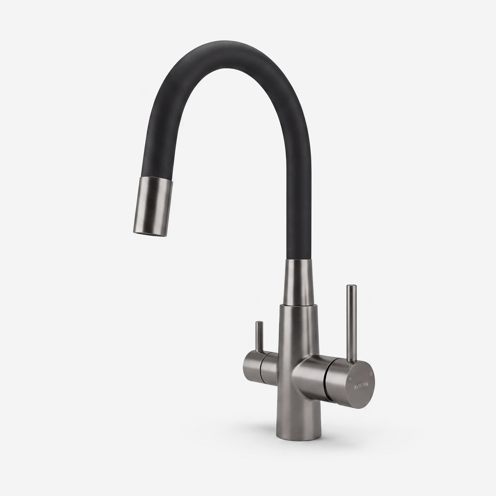 Смеситель для кухни с подключением фильтра AVRORA KITCHEN с гибким изливом, цвет оружейная сталь, цвет излива чёрный
