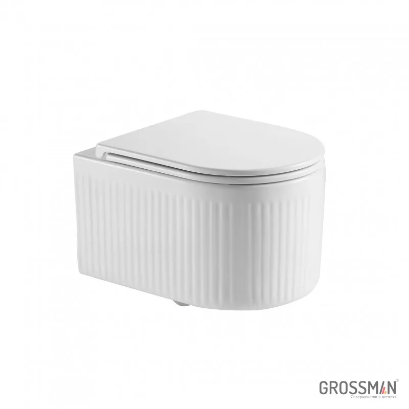Унитаз подвесной Grossman GR-4408SQ (495*360*363) безободковый, белый с тонкой крышкой,микролифт,смыв торнадо