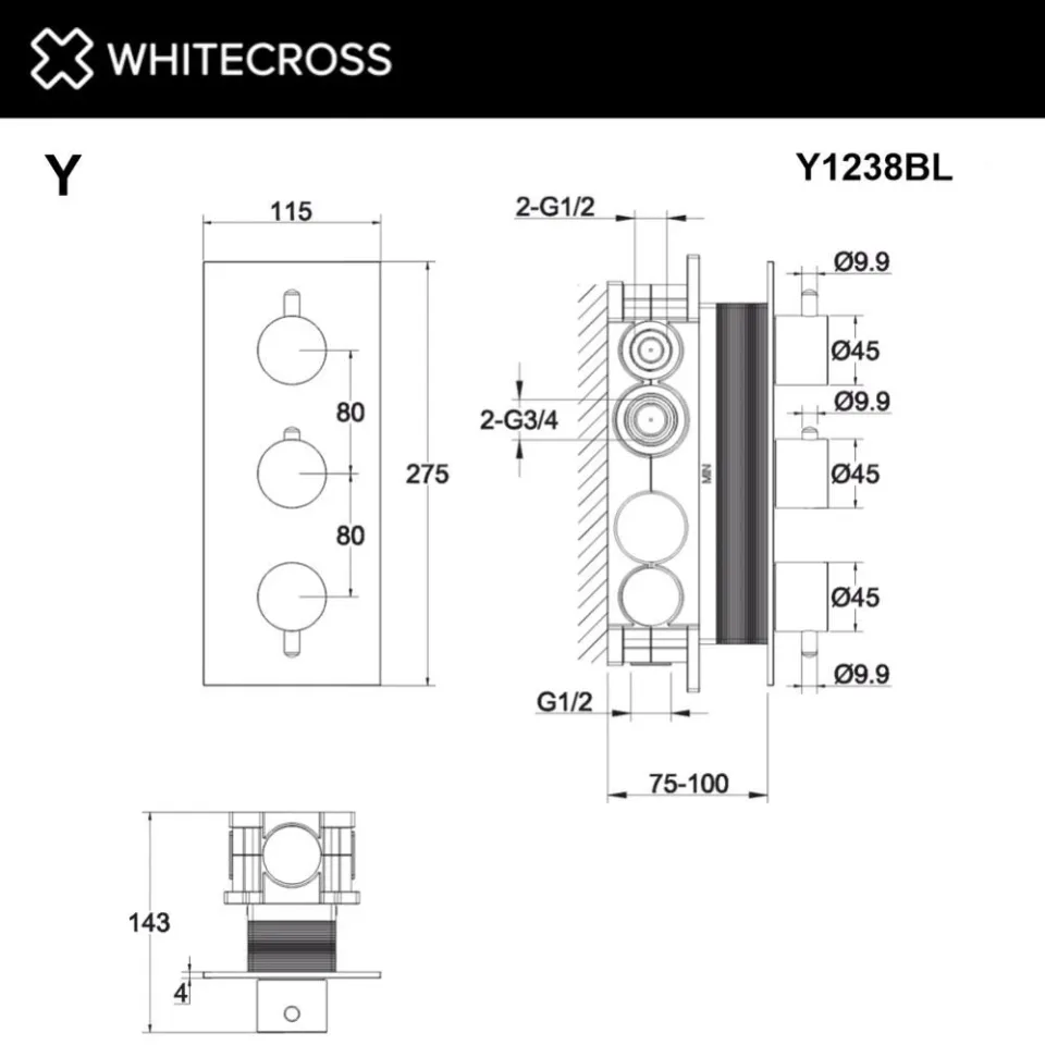 Термостат Whitecross Y Black Y1238BL для ванны и душа скрытый монтаж черный матовый