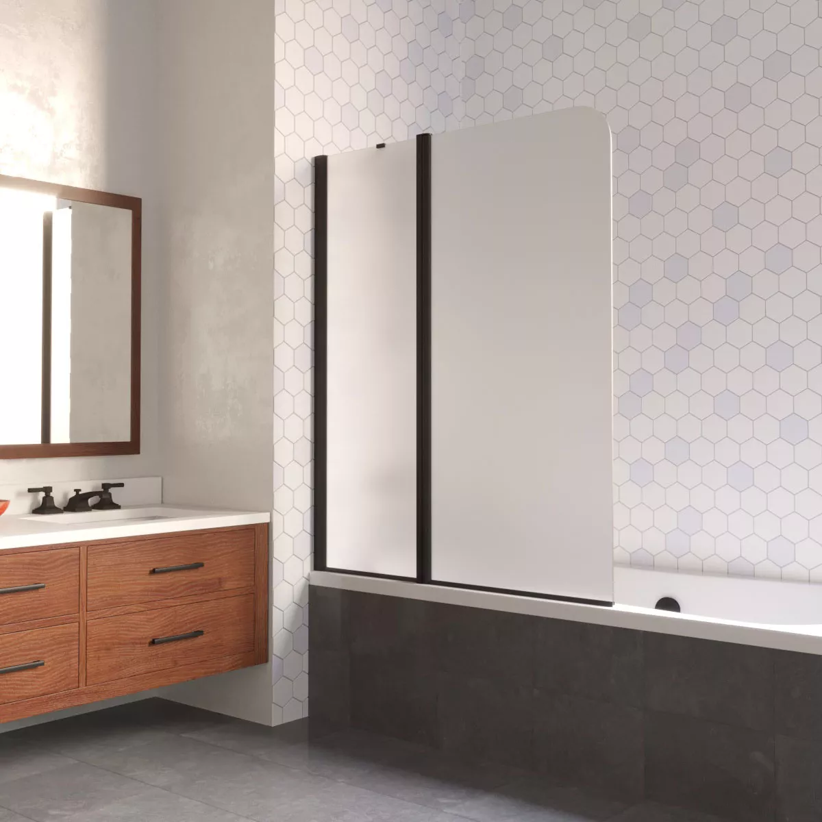 Шторка на ванную E2V LUX ST 125 02М 10 L, профиль черный матовый, стекло сатин