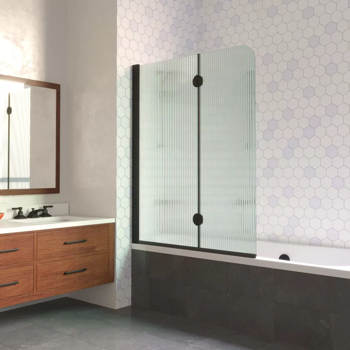 Шторка на ванную E2V LUX 120 02М Moru L, профиль черный матовый, стекло Moru