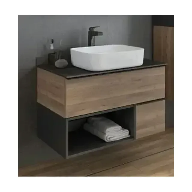 Тумба с раковиной Comforty Штутгарт 90 дуб темно-коричневый с черной столешницей (раковина Comforty T-Y9378)