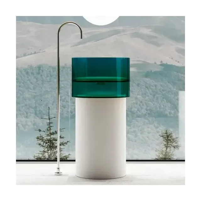 Напольная раковина прозрачная ABBER Kristall AT2701Aquamarin-H 45*45*90 бирюзовая (вырез под слив сбоку)