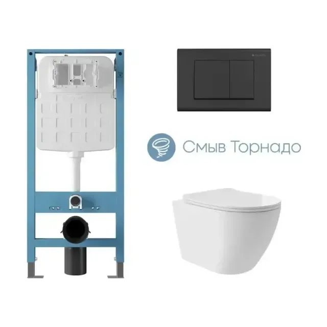 Комплект инсталляции Aqueduto Техника Ново (TECNICA Novo) с безободковым унитазом ОВО Плюс Торнадо (OVO Plus Tornado) белый глянец, клавиша смыва Квадрадо (QUADRADO) черная матовая