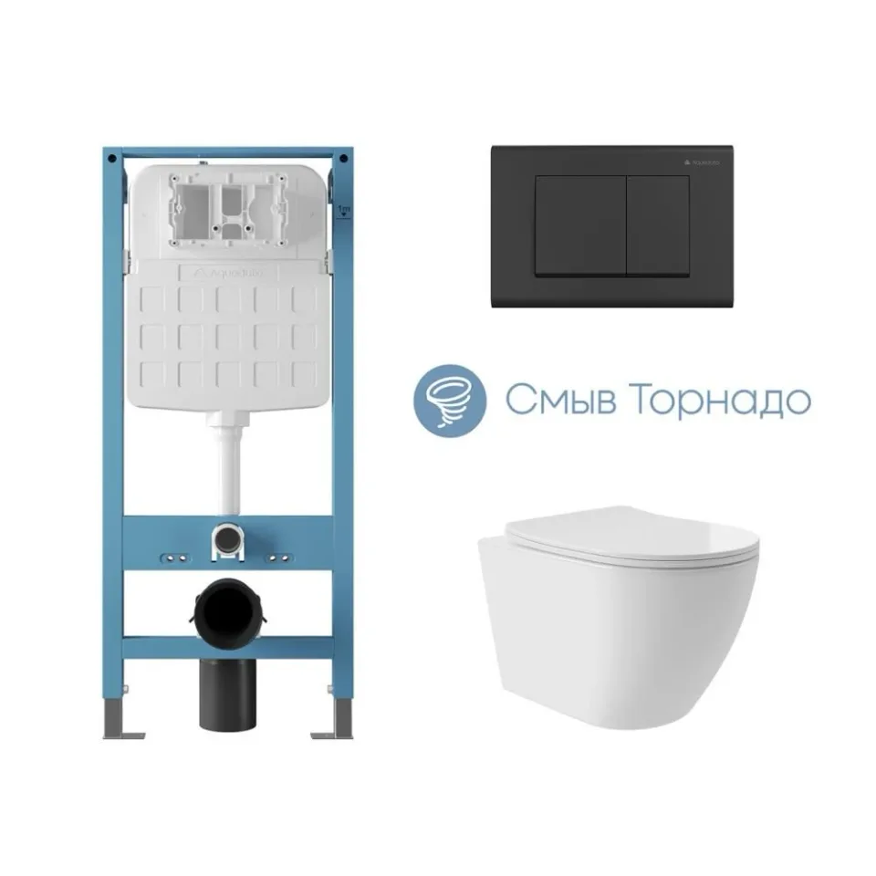 Комплект инсталляции Aqueduto Техника Ново (TECNICA Novo) с безободковым унитазом ОВО Плюс Торнадо (OVO Plus Tornado) белый глянец, клавиша смыва Квадрадо (QUADRADO) черная матовая