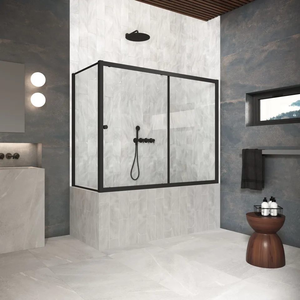 Шторка на ванну Vegas-Glass ZV+ZVF Protec 170×85×140 см, чёрный матовый, стекло прозрачное