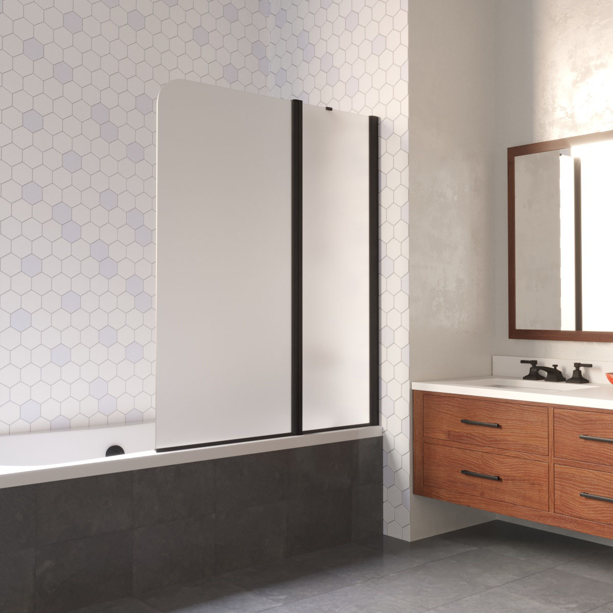 Шторка на ванную E2V LUX ST 115 02М 10 R, профиль черный матовый, стекло сатин