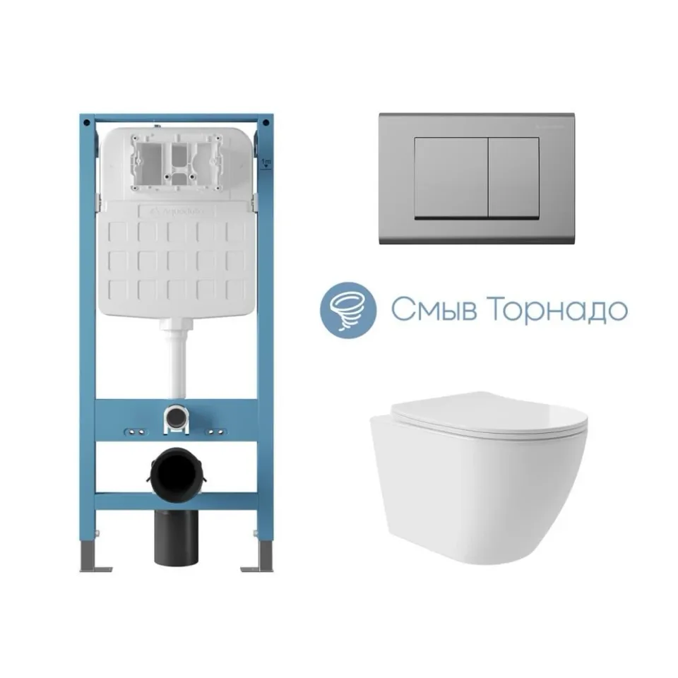 Комплект инсталляции Aqueduto Техника Ново (TECNICA Novo) с безободковым унитазом ОВО Плюс Торнадо (OVO Plus Tornado) белый глянец, клавиша смыва Квадрадо (QUADRADO) глянцевый хром