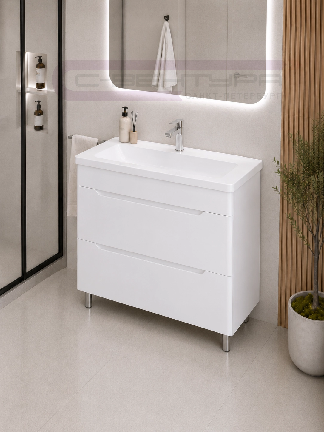 Аквадом Тумба Рада 80 см, напольная, цвет белый, 2 ящика, с раковиной Modul Slim