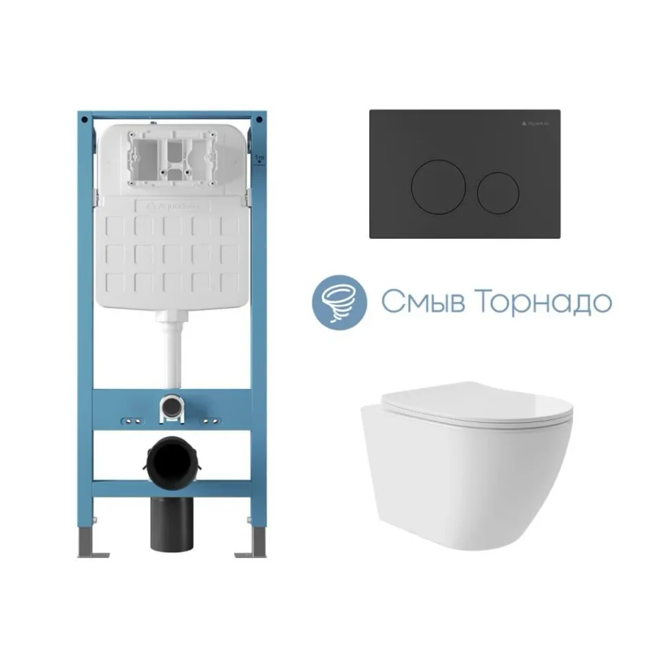 Комплект инсталляции Aqueduto Техника Ново (TECNICA Novo) с безободковым унитазом ОВО Плюс Торнадо (OVO Plus Tornado) белый глянец, клавиша смыва Циркуло (CIRCULO) черная матовая