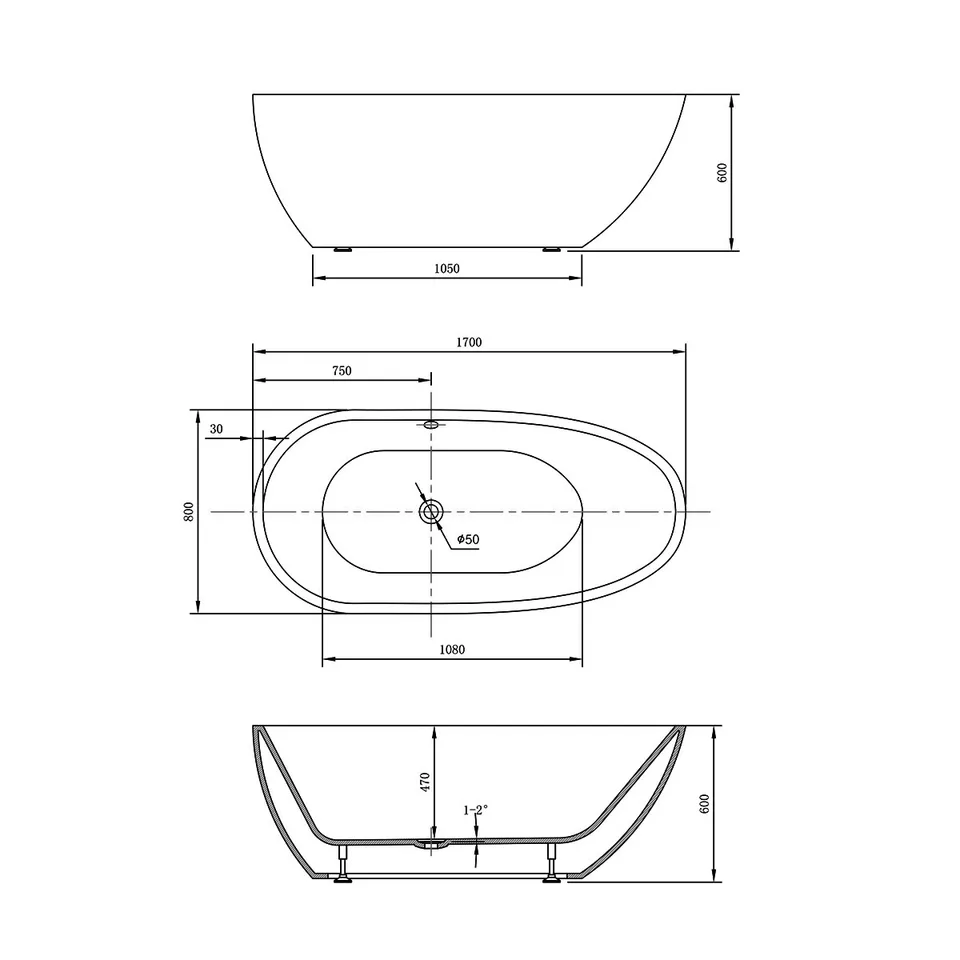 Ванна акриловая Vincea VBT-422-1700, 1700*800*600, цвет белый, слив-перелив в комплекте
