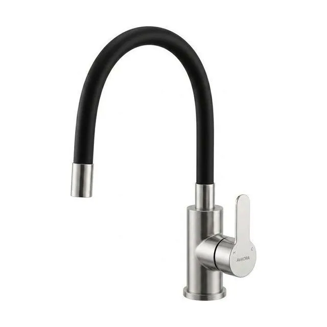 Смеситель для кухни AVRORA KITCHEN с гибким изливом, цвет нержавеющая сталь, цвет излива чёрный