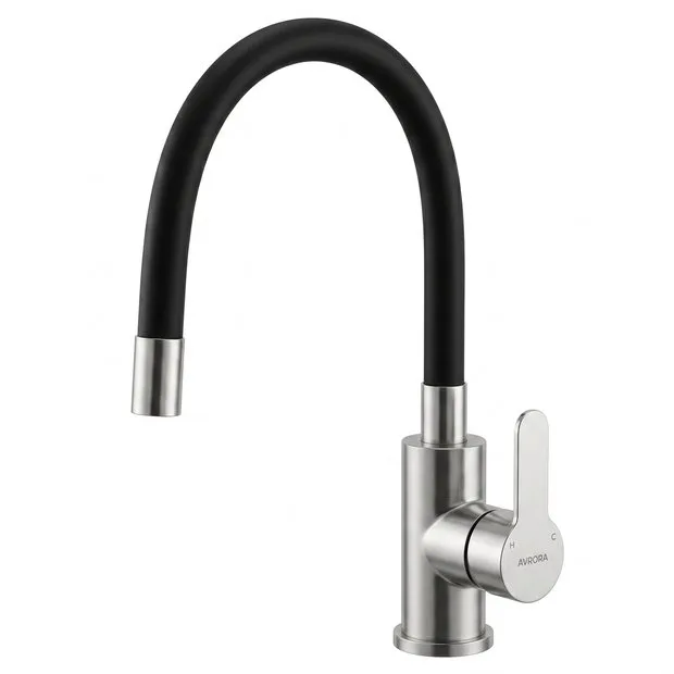 Смеситель для кухни AVRORA KITCHEN с гибким изливом, цвет нержавеющая сталь, цвет излива чёрный