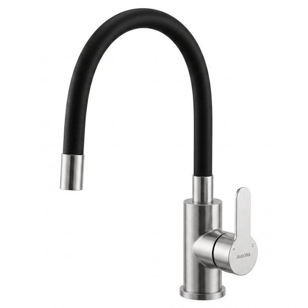 Смеситель для кухни AVRORA KITCHEN с гибким изливом, цвет нержавеющая сталь, цвет излива чёрный