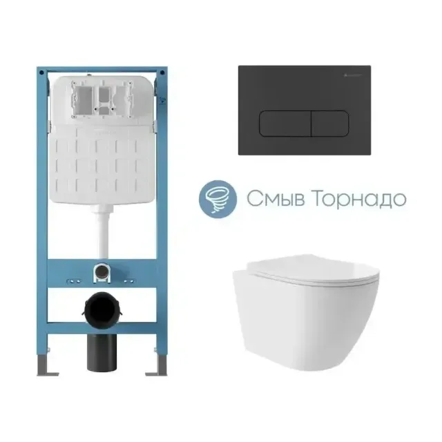 Комплект инсталляции Aqueduto Техника Ново (TECNICA Novo) с безободковым унитазом ОВО Плюс Торнадо (OVO Plus Tornado) белый глянец, клавиша смыва Форма (FORMA) черная матовая