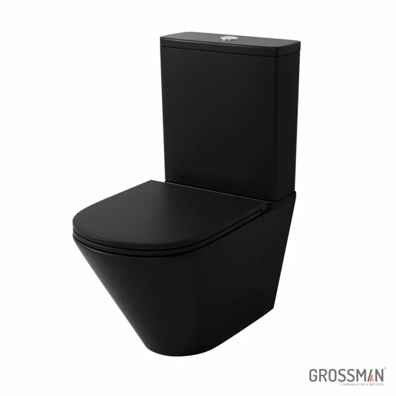 Унитаз напольный Grossman GR-4449BMSQ (670*380*850) безободковый,черный матовый с тонкой крышкой, микролифт,смыв торнадо