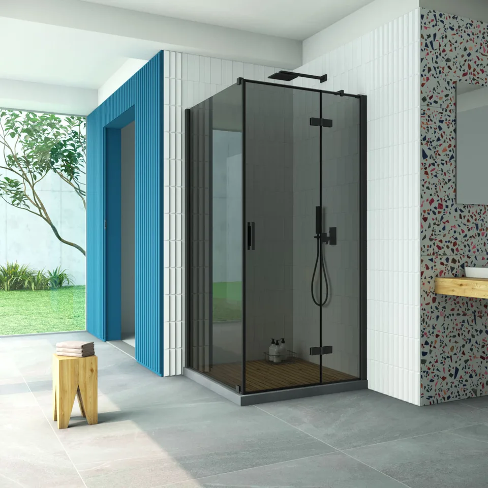 Душевое ограждение Vegas-Glass AFP-Fis Retta 80×80×199.5 см, чёрный матовый, стекло графит