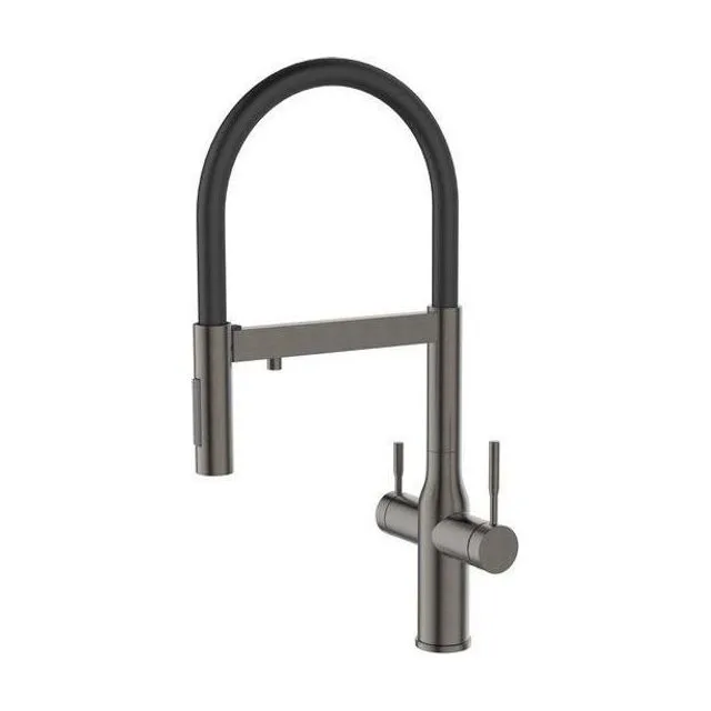 Смеситель для кухни с подключением фильтра AVRORA KITCHEN с гибким изливом, цвет оружейная сталь, цвет излива чёрный