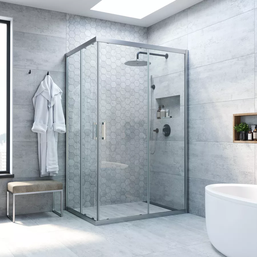 Душевой уголок ZA-F NOVO h2000 90*85 07 01, профиль матовый хром, стекло прозрачное