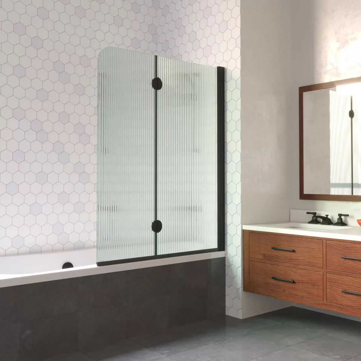 Шторка на ванную E2V LUX 120 02М Moru R, профиль черный матовый, стекло Moru