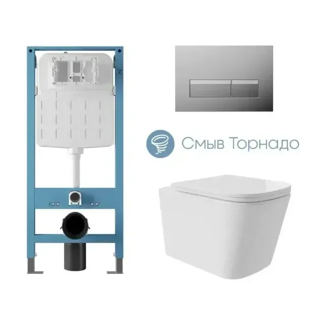Комплект инсталляции Aqueduto Техника Ново (TECNICA Novo) с безободковым унитазом Масио Плюс (Macio Plus) Торнадо белый глянец, клавиша смыва Ретангуло Ново (RETANGULO Novo) глянцевый хром
