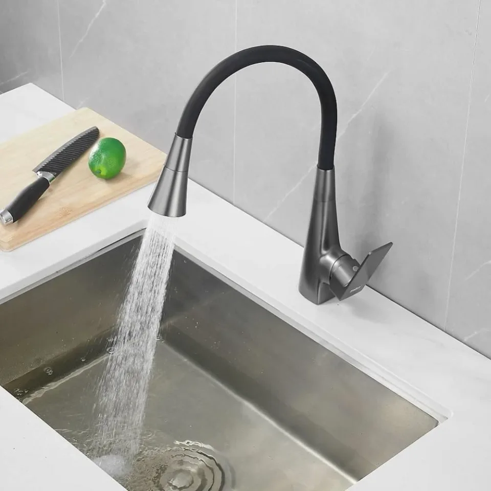 Смеситель Haiba HB73823-3 для кухни гибкий излив оружейная сталь
