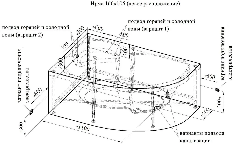 Акриловая ванна Ирма 160х105 левая, чаша, каркас