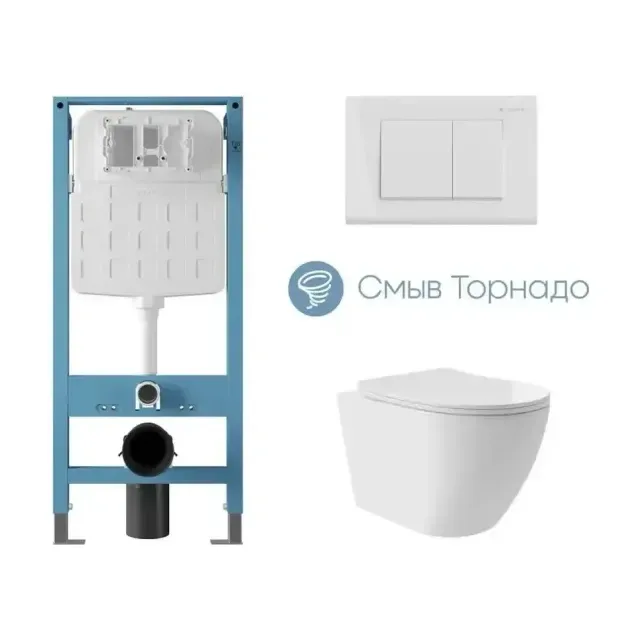 Комплект инсталляции Aqueduto Техника Ново (TECNICA Novo) с безободковым унитазом ОВО Плюс Торнадо (OVO Plus Tornado) белый глянец, клавиша смыва Квадрадо (QUADRADO) белый глянец