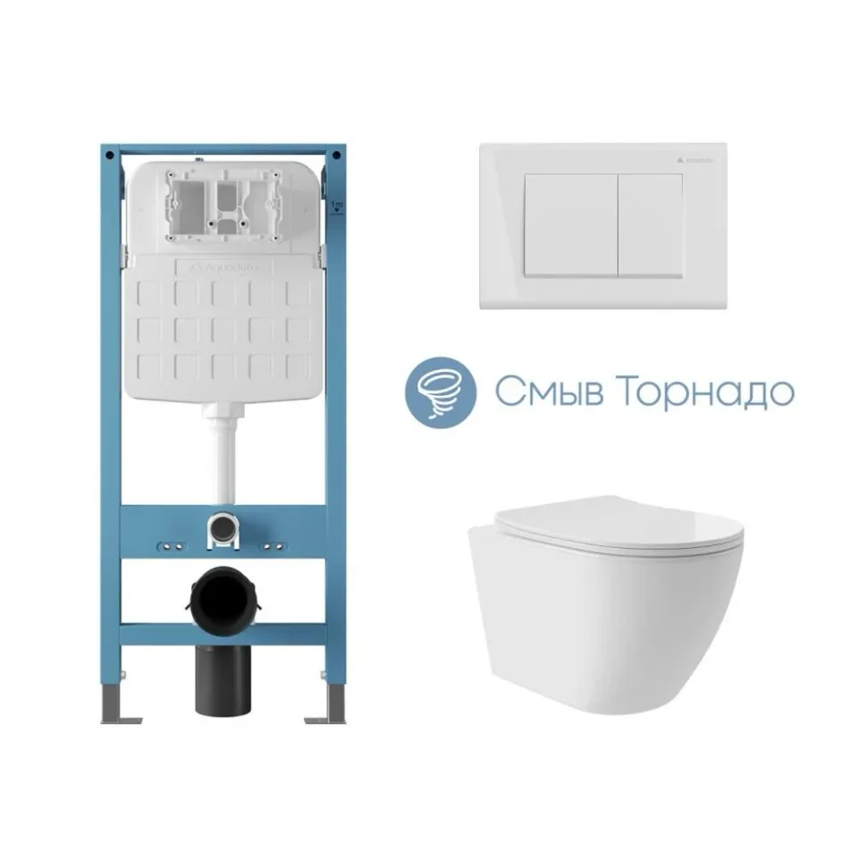 Комплект инсталляции Aqueduto Техника Ново (TECNICA Novo) с безободковым унитазом ОВО Плюс Торнадо (OVO Plus Tornado) белый глянец, клавиша смыва Квадрадо (QUADRADO) белый глянец