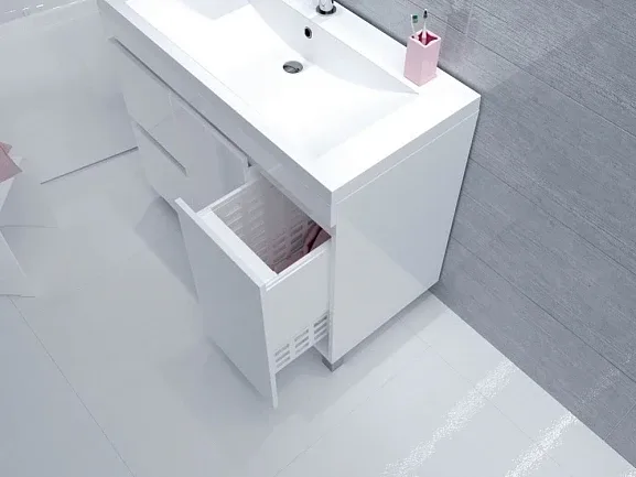 Тумба с раковиной 1Marka Кьюб (Cube) 100Н, белый глянец с бельевой корзиной