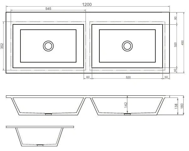 Встраиваемая раковина Esse D F 600/1 120*45 двойная