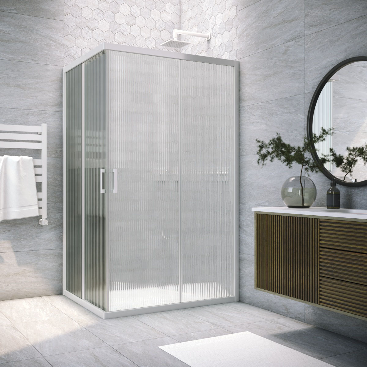 Душевой уголок ZA-F NOVO h2000 100*85 01 Moru, профиль белый, стекло Moru