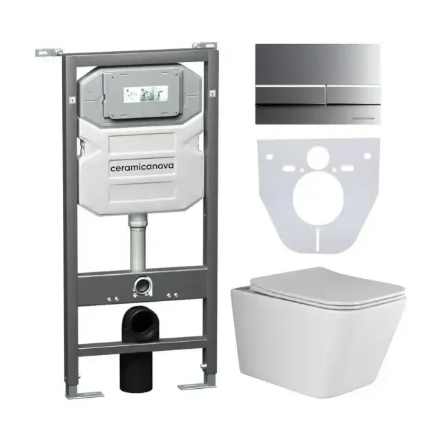 Комплект инсталляции Ceramicanova Envision, унитаз Metric Rimless, клавиша смыва Flat хром матовый
