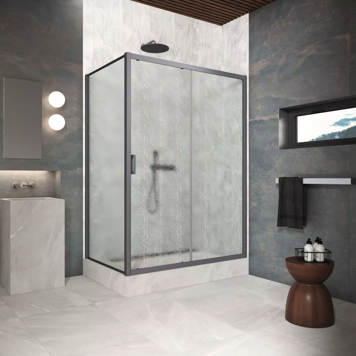 Душевой уголок ZP+ZPV Protec 100*85 06 02, профиль GunMetal, стекло шиншилла