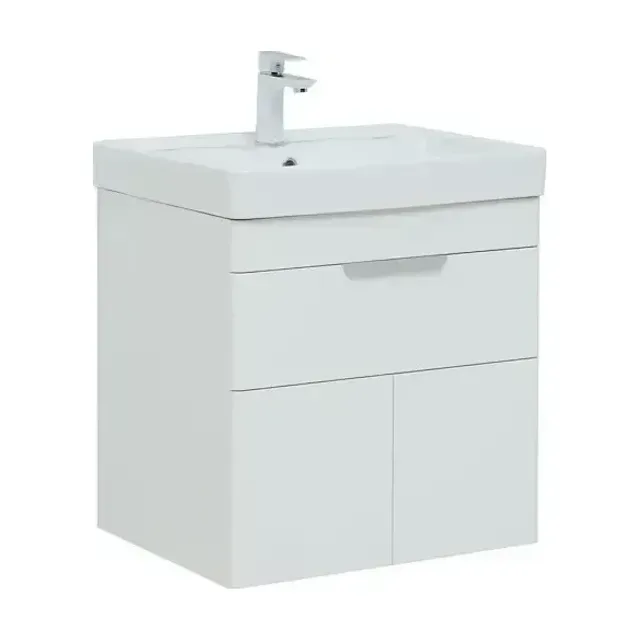 Тумба с раковиной Aquanet Ирис New 60 белый глянец подвесная (1 ящик, 2 дверцы, ручки дополнительно на выбор)
