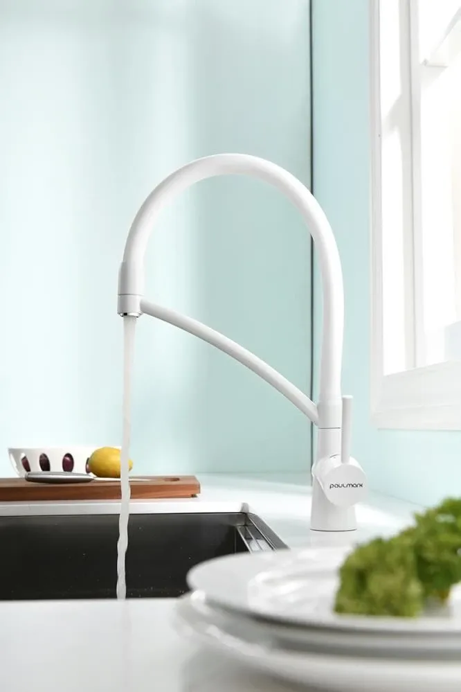 Смеситель Paulmark Siegen Si213111-431TW для кухни с функцией подключения фильтра и гибким изливом белый матовый