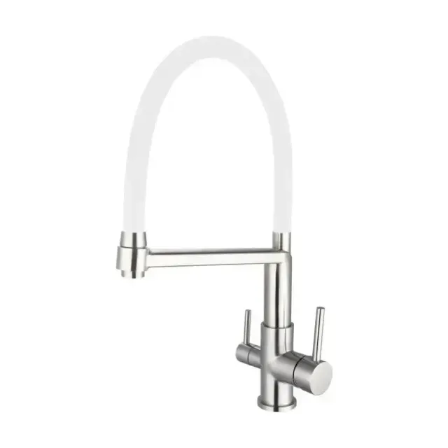 Смеситель для кухни Esko K26 W, R-излив, нержавеющая сталь, с подключением к фильтру, матовый никель/белый