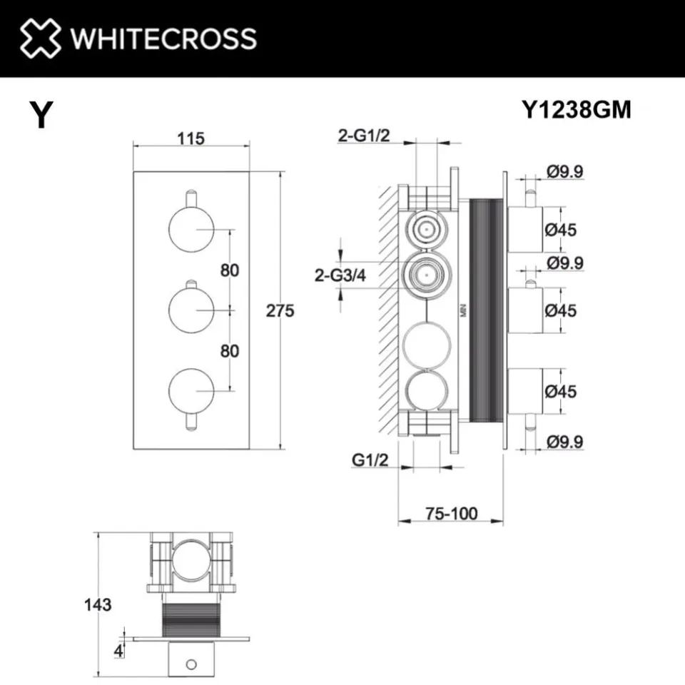 Термостат Whitecross Y Gunmetal Y1238GM для ванны и душа скрытый монтаж оружейная сталь