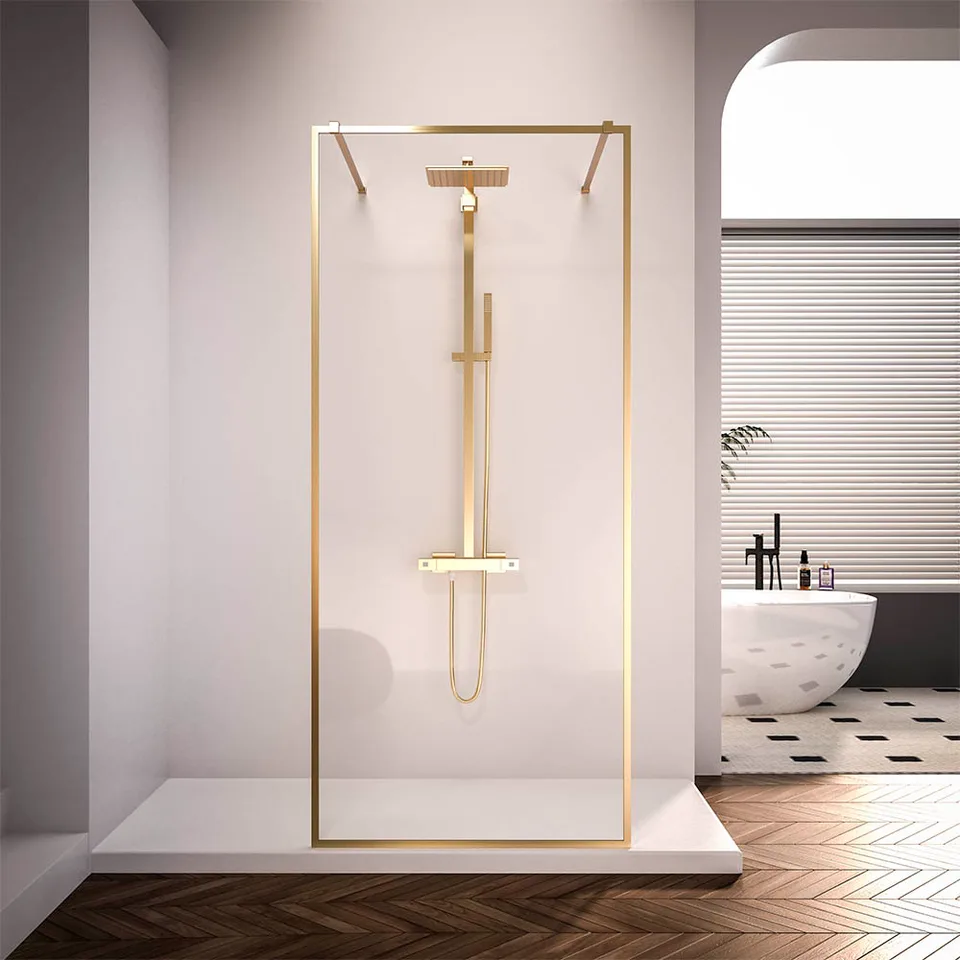 Душевая перегородка Veconi KR-90G 100×200 см, стекло прозрачное, профиль брашированное золото (KR90G-100-01-C4)