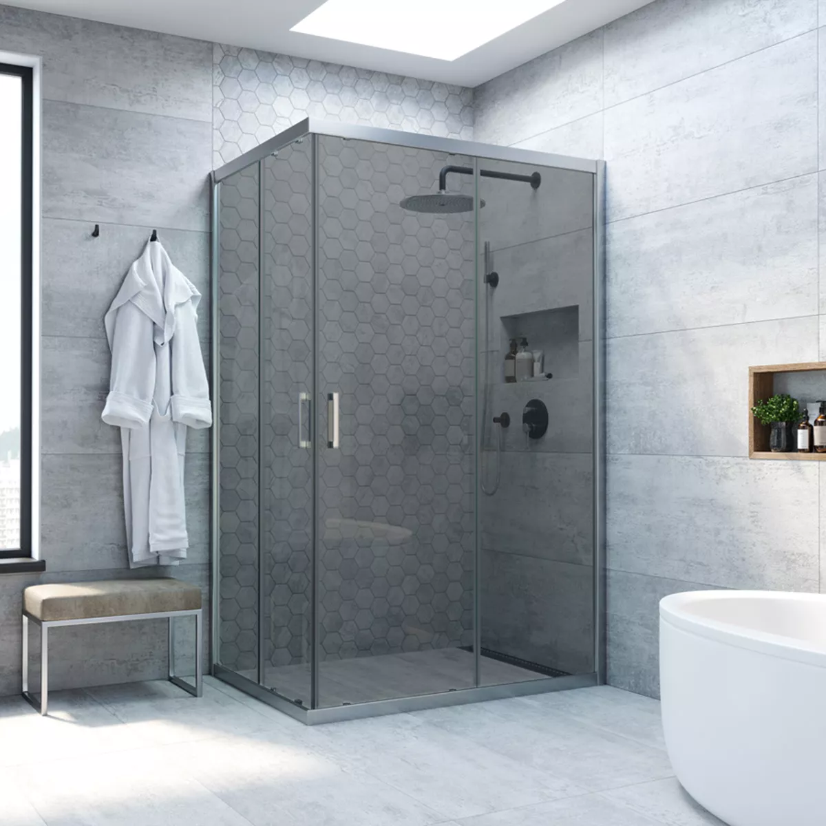 Душевой уголок ZA-F NOVO h2000 90*85 07 07, профиль матовый хром, стекло графит