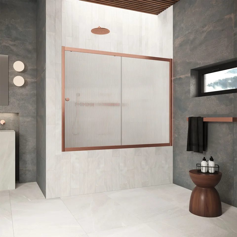 Шторка на ванну Vegas-Glass ZV Protec 175×140 см, медь брашированная, стекло мору (moru)